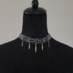 Blue and Silver Beaded Choker Necklace